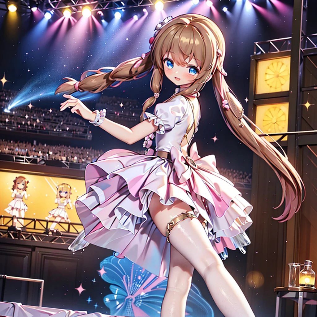 Solo girl, comical, kawaii, Blue eyes, light brown hair, back high twintails, front braids, yellow princess dress, yellow dress, open mouth smile, front view, dance at the stage, neon and led lights, posing, sexy, high-resolution image, masterpiece, high quality, attractive eyes, perfect leg, two legs