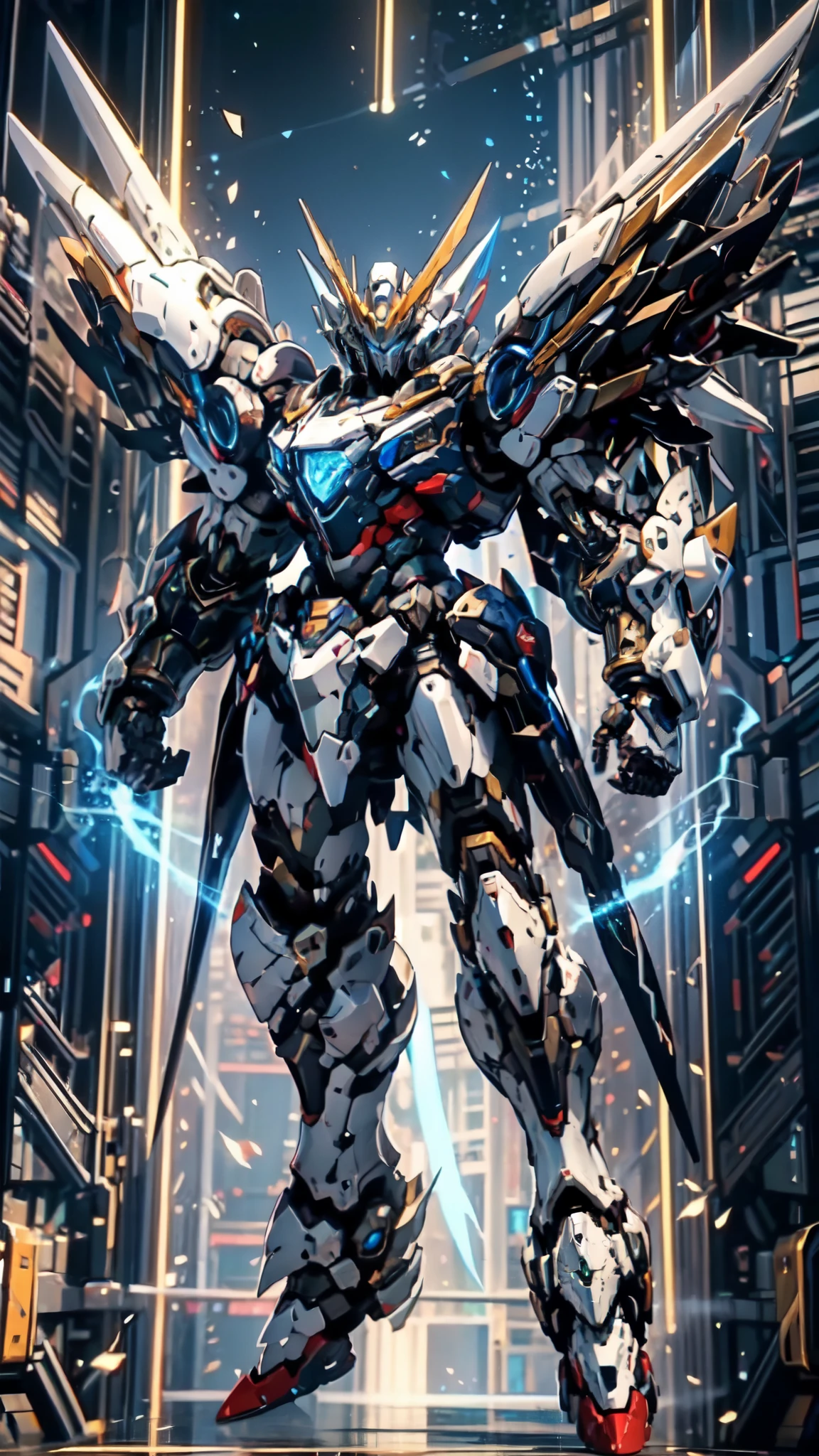 (masterpiece:1.5, best quality:1.5, extremely delicate:1.5), humanoid Mecha, fully enclosed shoulder guards, matching arm and leg guards, full body, full armor, the design balances heavy with agility, (the color scheme is primarily white with red and blue accents, the concept Inspired by Super robot, organic biotech armor, standing, floating high above the futuristic sci-fi city), exquisite and mature art style, (aura effect, energy, glowing eyes, the armor glows), ((SRS)), metallic, dramatic, high definition, highres, ultra-detailed, ultra-fine painting, professional, perfect body proportions, anatomically correct, symmetrical face, extremely detailed eyes and face, high quality eyes, creativity, RAW photo, UHD, 32k, Natural light, cinematic lighting, masterpiece-anatomy-perfect