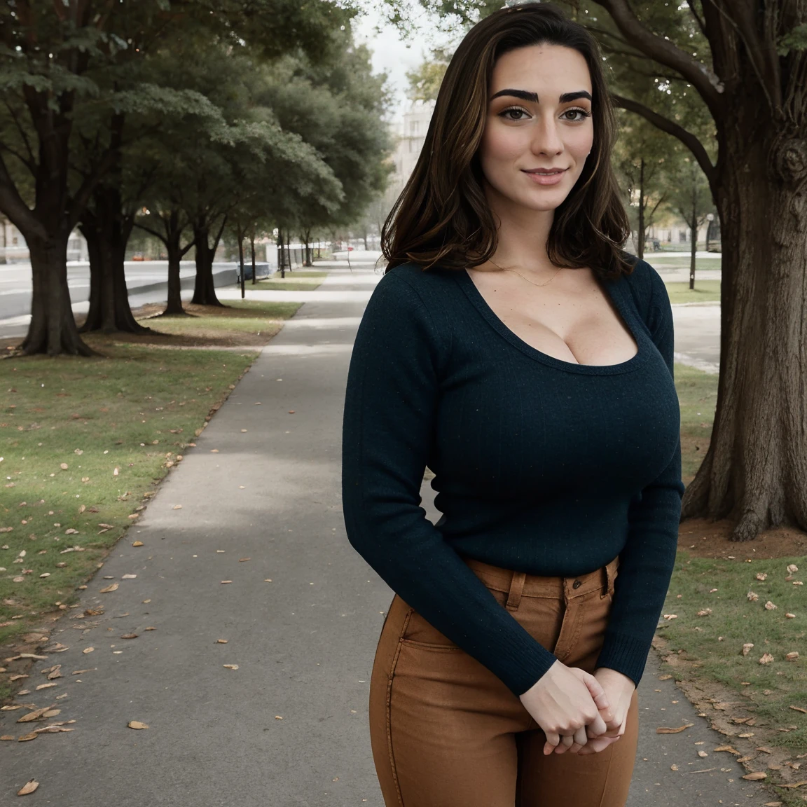 Extremely busty thin and toned brunette photographer, college girl, fair skin, swept-back hair, soft face, athletic, tight long-sleeve low-cut dark blue top, tight beige pants. standing outdoors, city park, trees, cleavage
