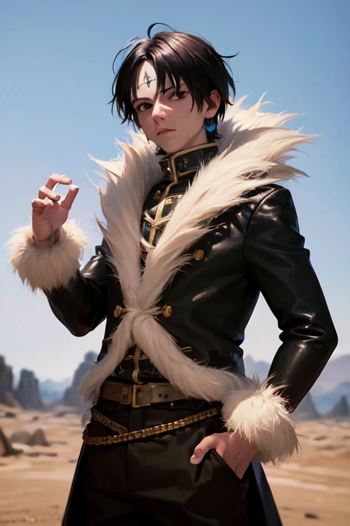 (masterpiece, Highest quality:1.2), Cowboy Shot, alone, Male Focus, One boy, Chrollo Lucilfer, Expressionless, Mouth closed, Put your hands in your pockets, Fur trim, Black coat, Open Court, Long sleeve, Black trousers, jewelry, On top of a rock formation in the desert