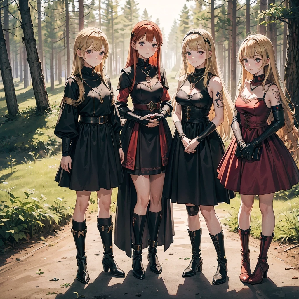 a group of beautiful witch girls in the middle of a forest in the night, tribal tattoo ,multiple girls, five girls, light armor ,elbow pads, knee pads, red and blonde hair , standing girl young girl, gloves, elbow pads, boots, smiles, small breasts, long black dress, necklaces, full body,
