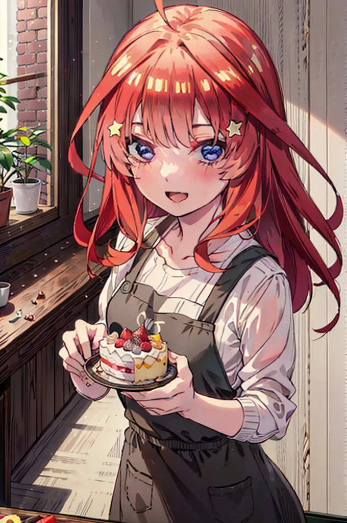 itsukinakano, Itsuki Nakano, bangs, blue eyes, Hair between the eyes, Ahoge, Redhead, star \(symbol\), hair ornaments,happy smile, smile, Open your mouth,cracker, star hair ornaments,Red Tank Top,Long skirt,Black pantyhose,apron,Walking,There is food and a birthday cake on the table,
break indoors, room,
break looking at viewer,Upper Body,
break (masterpiece:1.2), Highest quality, High resolution, unity 8k wallpaper, (figure:0.8), (Beautiful attention to detail:1.6), Highly detailed face, Perfect lighting, Highly detailed CG, (Perfect hands, Perfect Anatomy),