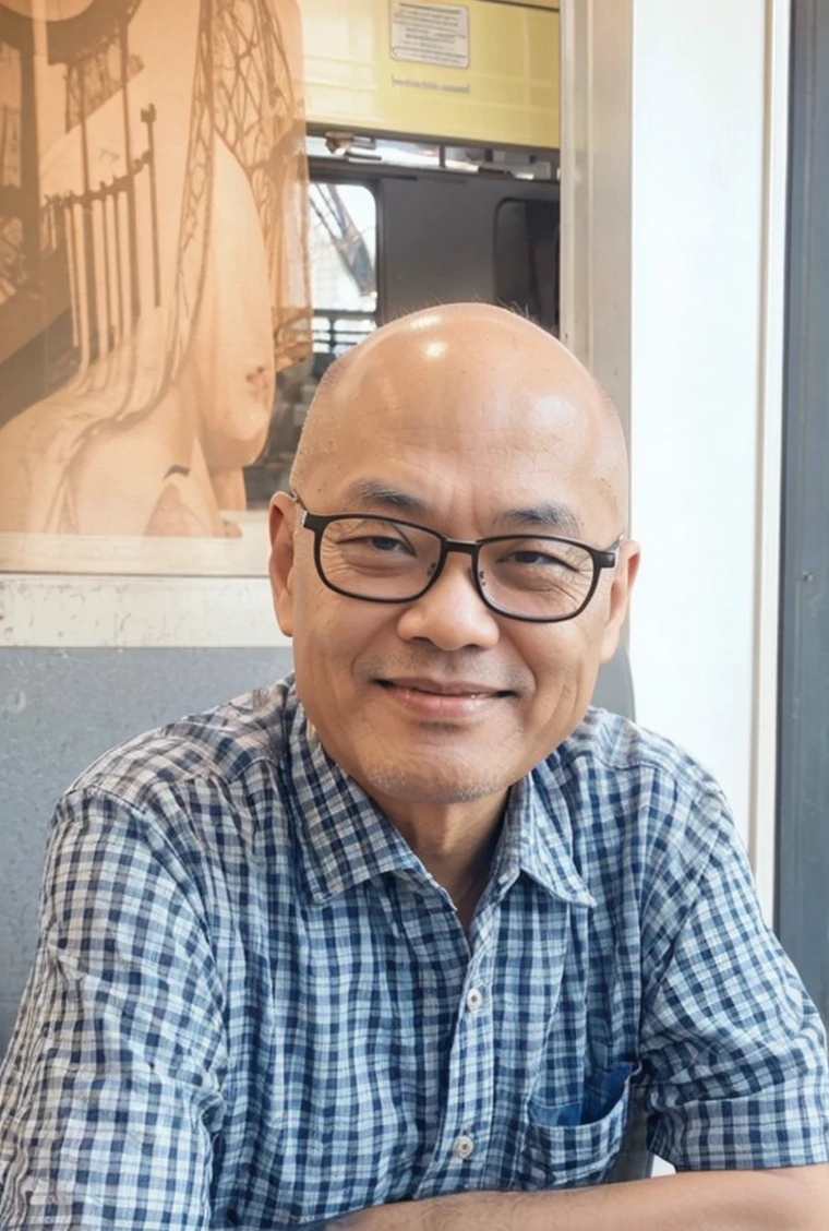 A 55-year-old bald, bespectacled Thai man stands with his shirt up in front of a tram in San Francisco.
