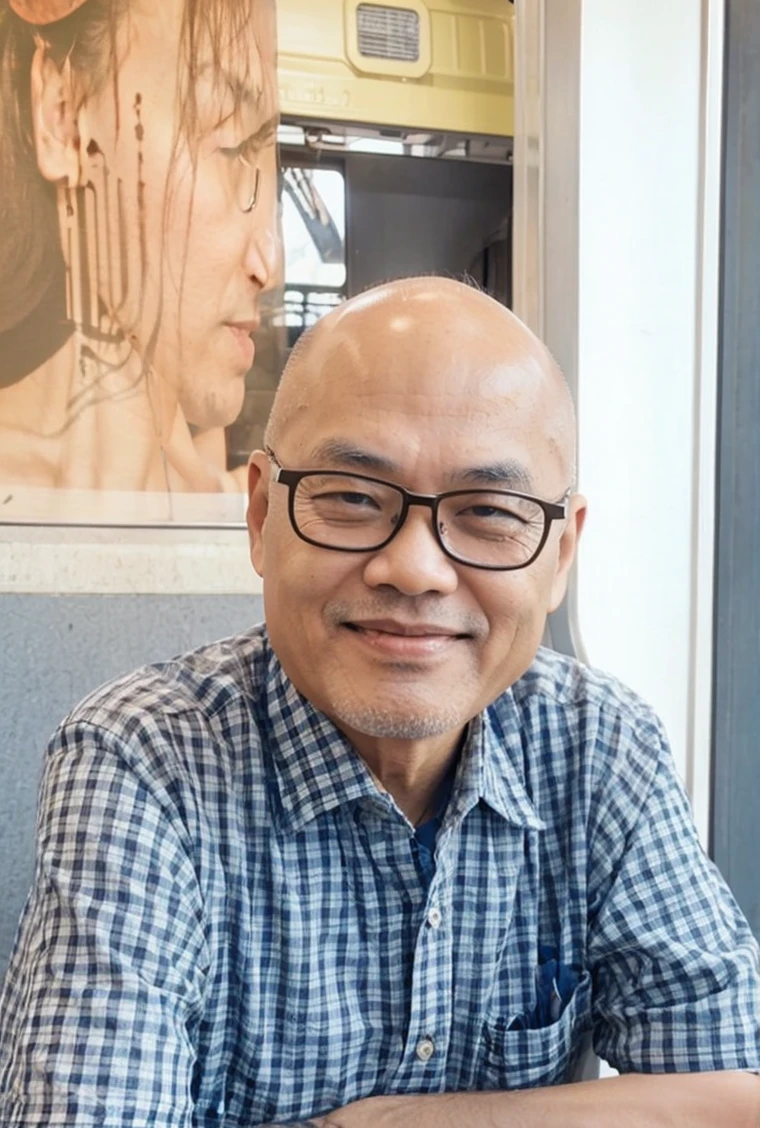 A 55-year-old bald, bespectacled Thai man stands with his shirt up in front of a tram in San Francisco.
