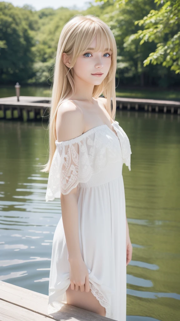 "A portrait of a young woman with long blonde hair and bangs, standing outdoors near a body of water on a sunny day. She has blue eyes and a gentle smile, wearing a white off-shoulder dress. The setting appears to be a wooden dock or platform by a lake or river. The overall aesthetic is soft, ethereal, and romantic, with natural lighting enhancing the serene