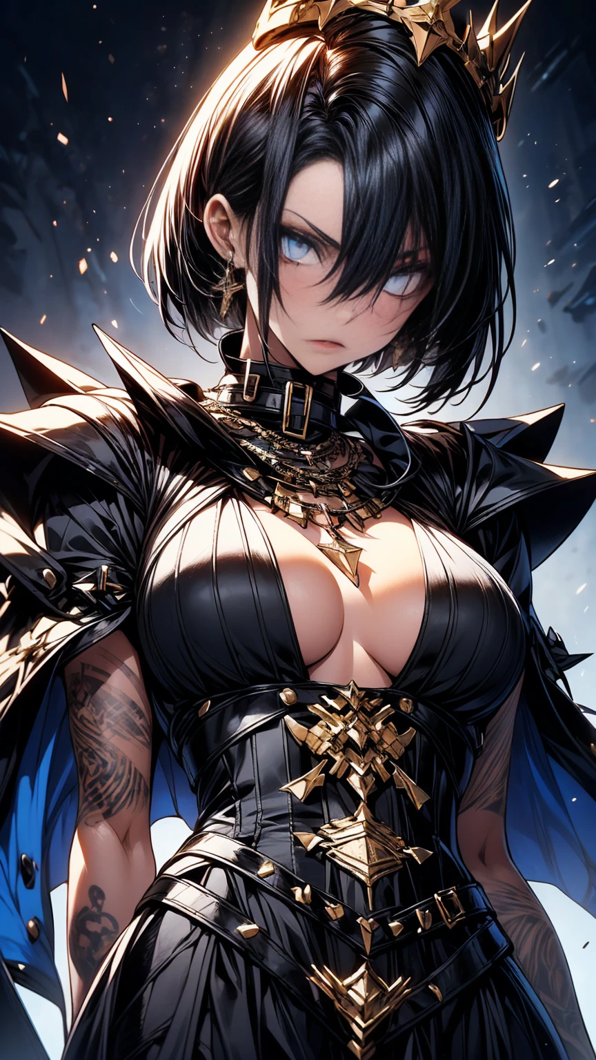 Generate a detailed image of a woman with short black hair highlighted with blue accents, having intense blue eyes adorned with black makeup. Her lips are painted in a soft shade of red. She wears a semi-armor in black on her upper body, complemented by a black dress with a side slit at the lower part. Her fair skin showcases tattoos on her hip. The woman is in black heels with a scale pattern, and she wears a detailed crown featuring short black spikes. She also sports a blue cape with intricate black and golden embroidery. The scene is set in a gallery with a dark background, beautifully illuminating her figure, and she presents a slightly angry expression, posing with a mix of sexiness and regal presence, full body, various poses