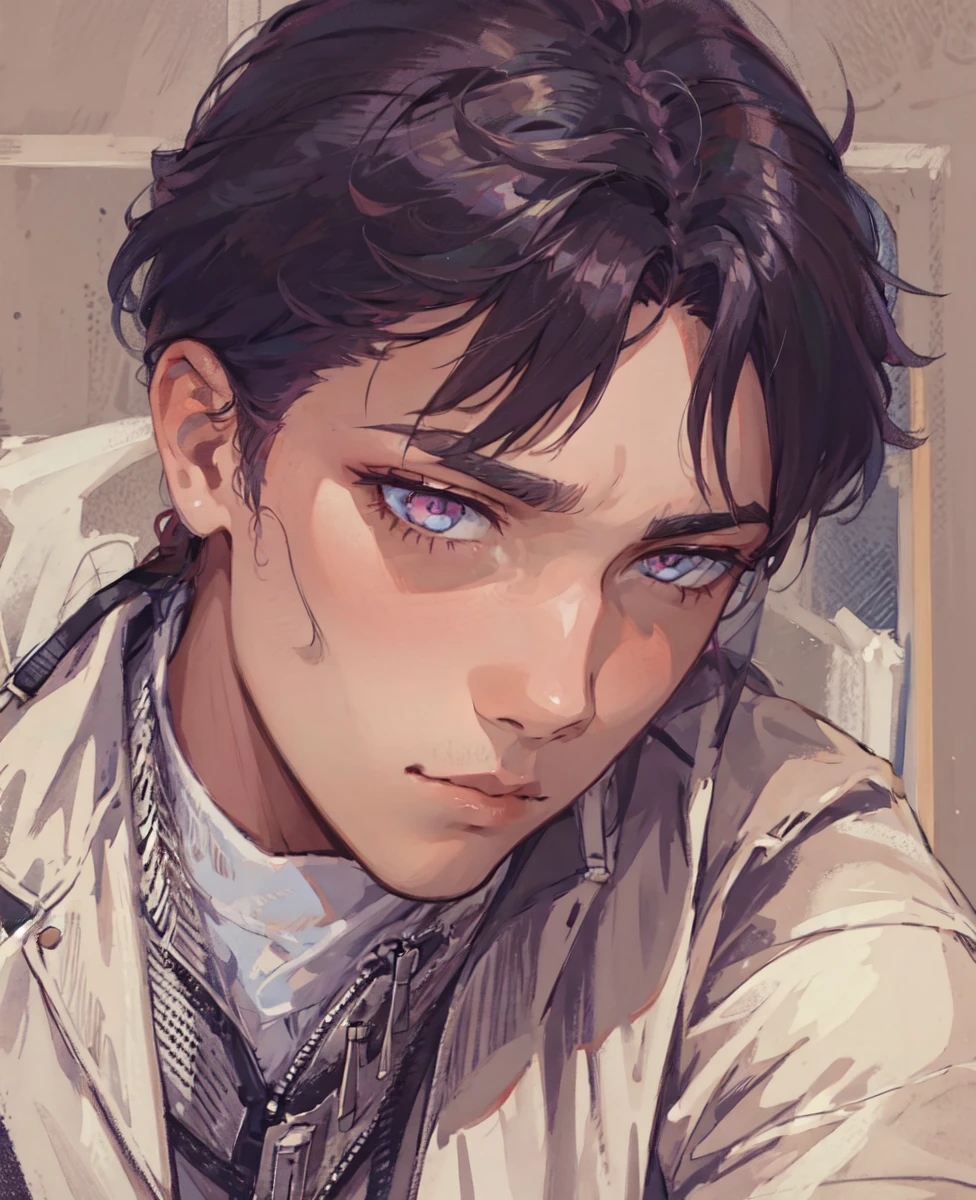 male,brow hair,pinkeyes