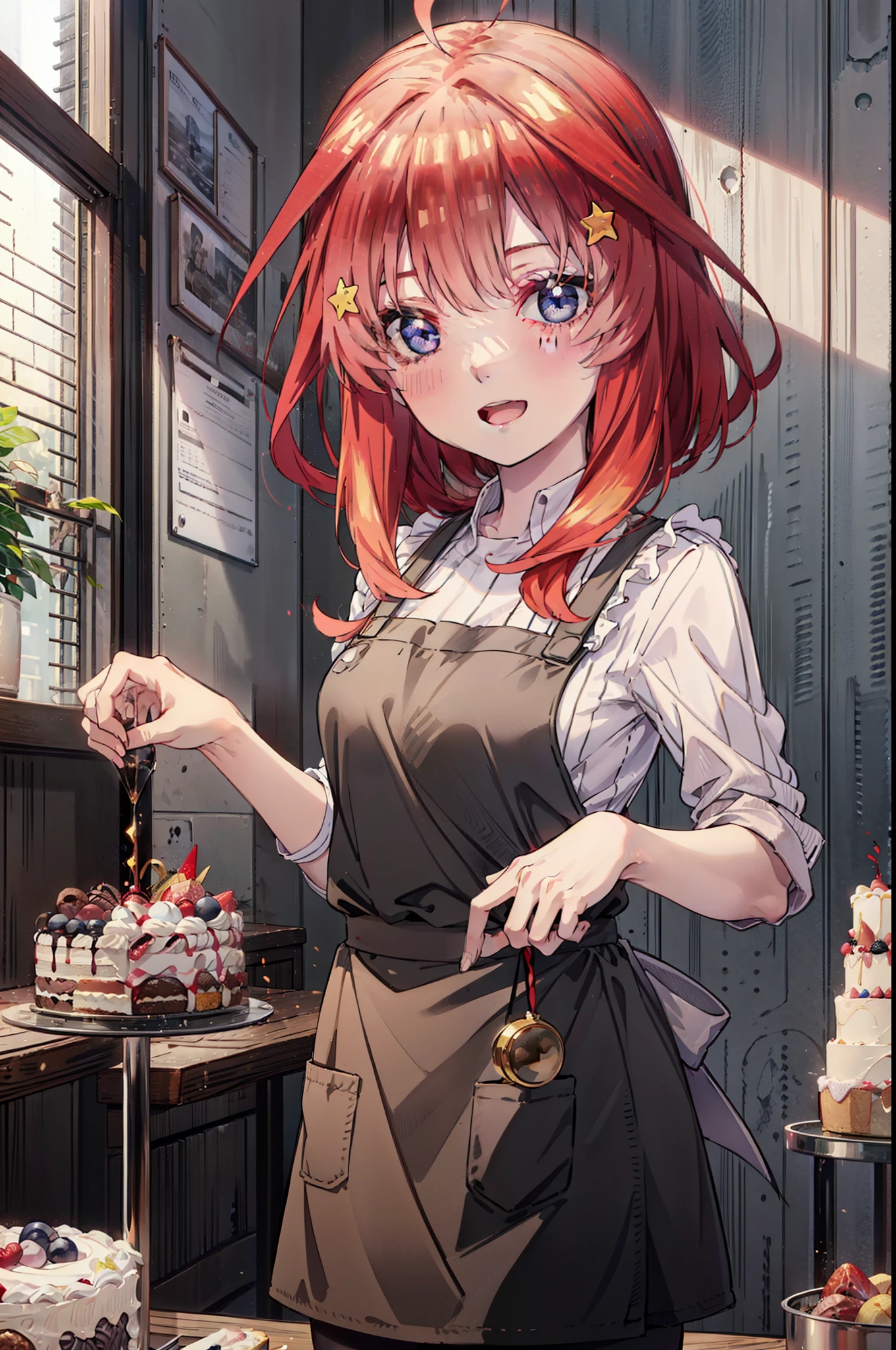 itsukinakano, Itsuki Nakano, bangs, blue eyes, Hair between the eyes, Ahoge, Redhead, star \(symbol\), hair ornaments,happy smile, smile, Open your mouth,cracker, star hair ornaments,Red Tank Top,Long skirt,Black pantyhose,apron,Walking,There is food and a birthday cake on the table,
break indoors, room,
break looking at viewer,Upper Body,
break (masterpiece:1.2), Highest quality, High resolution, unity 8k wallpaper, (figure:0.8), (Beautiful attention to detail:1.6), Highly detailed face, Perfect lighting, Highly detailed CG, (Perfect hands, Perfect Anatomy),