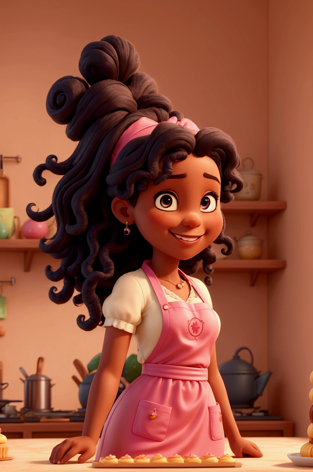 ((best qualityer)), ((work of art)), (detailded). black baker with curly and voluminous hair, inspired by the princess Tiana style with a pink apron. She should be in a vibrant and welcoming kitchen, surrounded by cakes, colorful sweets and ingredients. The focus should be on your confident smile and elegant pink apron, as she poses for the photo. The atmosphere must convey joy and creativity.