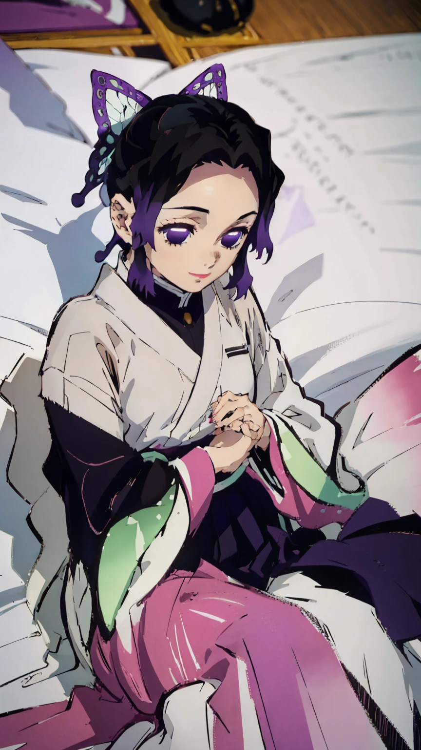 Anime background art, room background, a bed, lying on a bed, beautiful anime scenes, 4K anime art wallpaper, 4k anime art wallpaper, Rosla global illumination, anime girl, best quality, detailed, 1 girl, alone, same as LORA, same as lora, closed mouth, light smile, black hair, purple faded hair, perfect hair, black color, defined eyes, purple eyes, short hair, folded ponytail, headband, butterfly hair accessory, looking at the viewer, kimono costume.