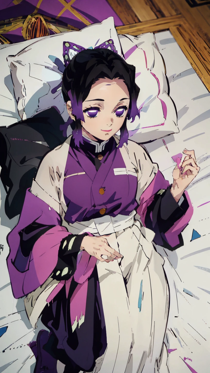 Anime background art, room background, a bed, lying on a bed, beautiful anime scenes, 4K anime art wallpaper, 4k anime art wallpaper, Rosla global illumination, anime girl, best quality, detailed, 1 girl, alone, same as LORA, same as lora, closed mouth, light smile, black hair, purple faded hair, perfect hair, black color, defined eyes, purple eyes, short hair, folded ponytail, headband, butterfly hair accessory, looking at the viewer, kimono costume.