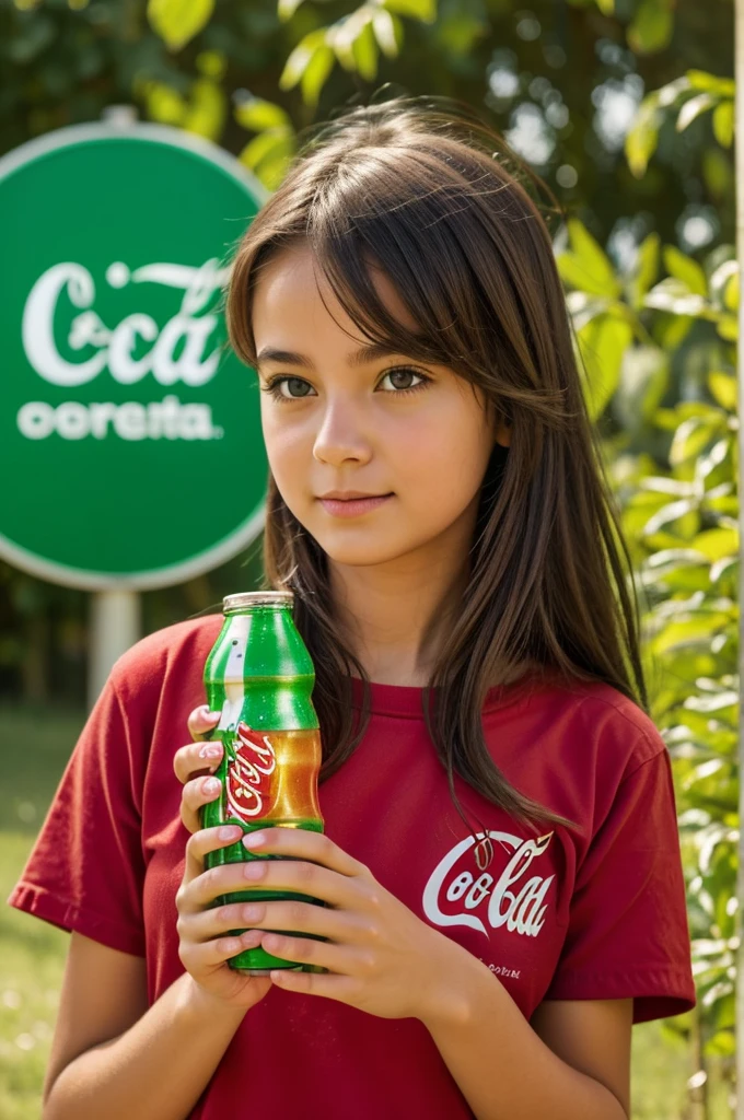Create an image of a girl drinking a Coca Cola with a green lid and an ecological logo in the background 
