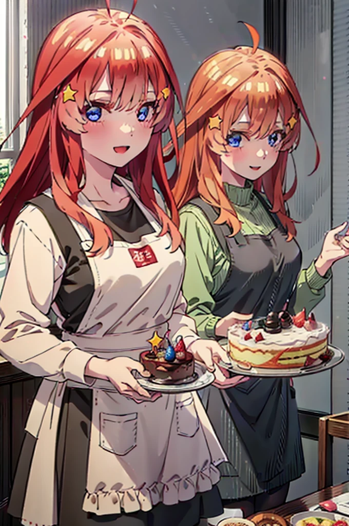 itsukinakano, Itsuki Nakano, bangs, blue eyes, Hair between the eyes, Ahoge, Redhead, star \(symbol\), hair ornaments,happy smile, smile, Open your mouth,cracker, star hair ornaments,Red Tank Top,Long skirt,Black pantyhose,apron,Walking,There is food and a birthday cake on the table,
break indoors, room,
break looking at viewer,Upper Body,
break (masterpiece:1.2), Highest quality, High resolution, unity 8k wallpaper, (figure:0.8), (Beautiful attention to detail:1.6), Highly detailed face, Perfect lighting, Highly detailed CG, (Perfect hands, Perfect Anatomy),
