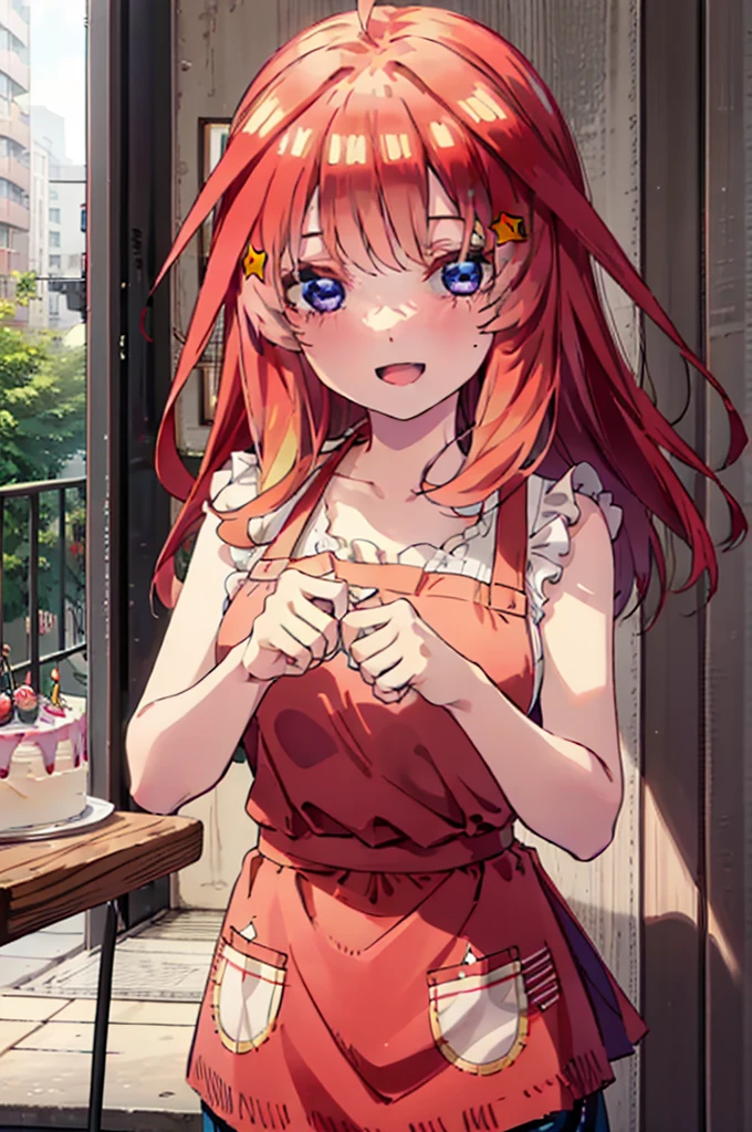 itsukinakano, Itsuki Nakano, bangs, blue eyes, Hair between the eyes, Ahoge, Redhead, star \(symbol\), hair ornaments,happy smile, smile, Open your mouth,cracker, star hair ornaments,Red Tank Top,Long skirt,Black pantyhose,apron,Walking,There is food and a birthday cake on the table,
break indoors, room,
break looking at viewer,Upper Body,
break (masterpiece:1.2), Highest quality, High resolution, unity 8k wallpaper, (figure:0.8), (Beautiful attention to detail:1.6), Highly detailed face, Perfect lighting, Highly detailed CG, (Perfect hands, Perfect Anatomy),