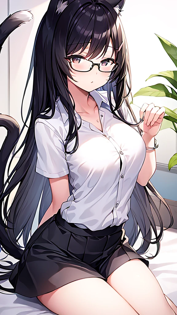 (Masterpiece), (best quality), Cat girl in her 20s, long hair, black hair, chest, gray eyes, cat ears and cat tail, round glasses, white shirt, black shorts skirt.