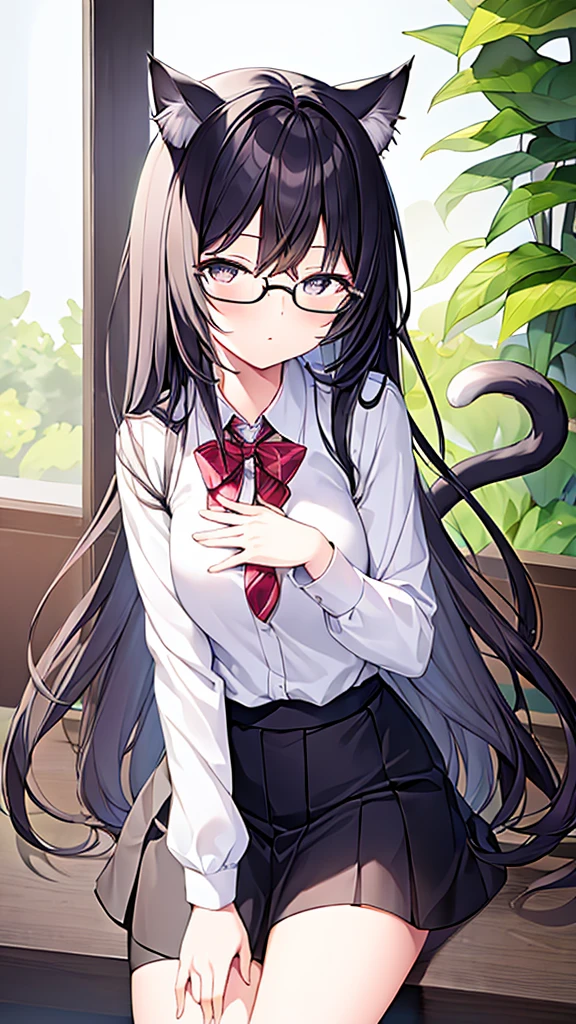 (Masterpiece), (best quality), Cat girl in her 20s, long hair, black hair, chest, gray eyes, cat ears and cat tail, round glasses, white shirt, black shorts skirt.