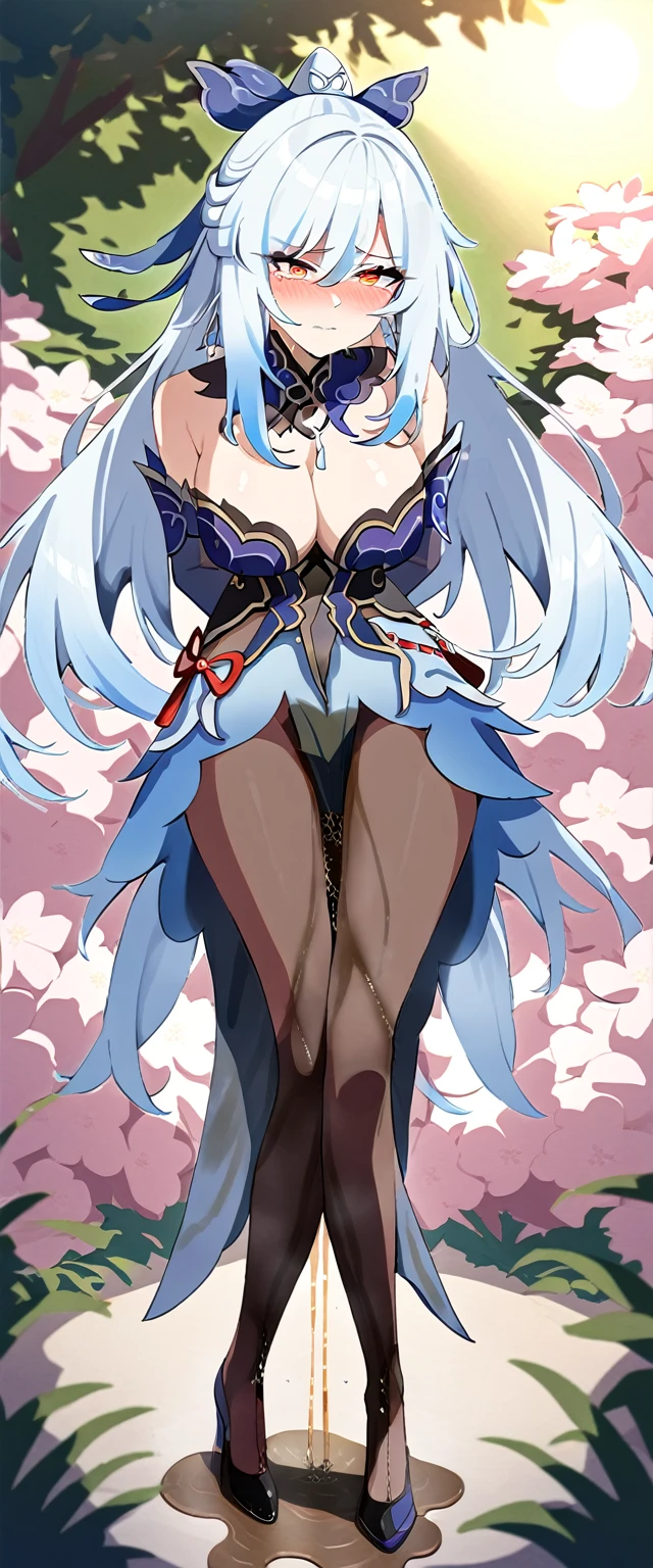 (masterpiece:1.37), best quality, (extremely detailed:1.37), (1girl:1.5), woman, (mature:1.5), (adult:1.5), jingliu, white hair, long hair, ponytail, hair ribbon, red eyes, earrings, jewelry, dress, pantyhose, (pelvic curtain:1.5), (extremely detailed eyes:1.37), (wetting self:2.0), desperation, (standing:1.5), embarrassed, humiliation, blushing, angry, cherry blossoms, garden, (golden hour:1.5), full body, (crossing legs:1.5)