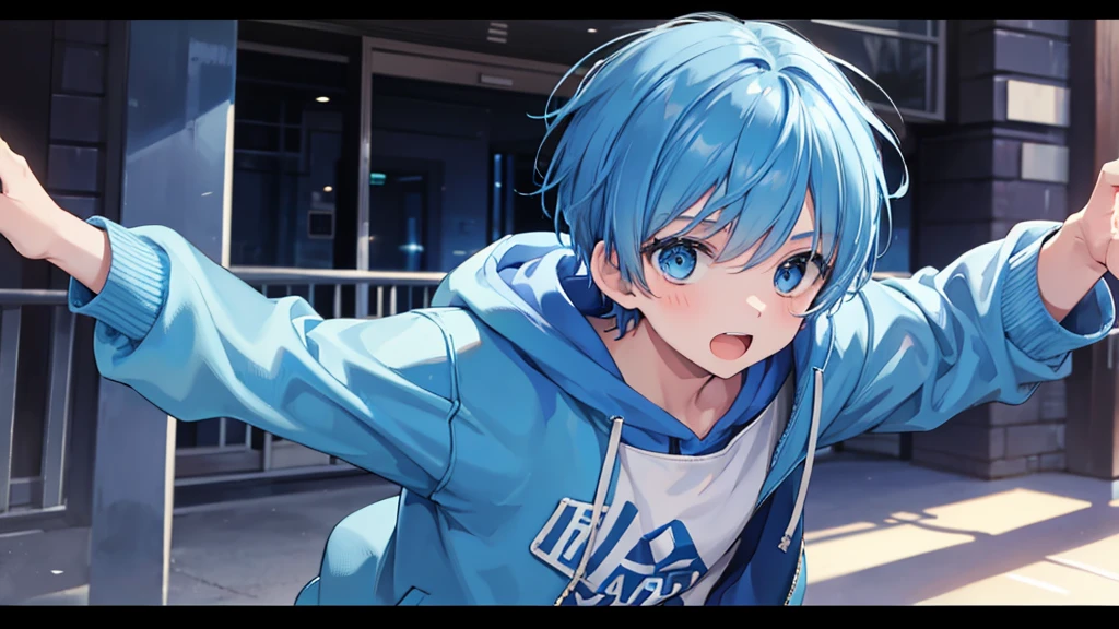 1 boy, blue hair, wearing a blue hoodie, running scared, high quality, 8k