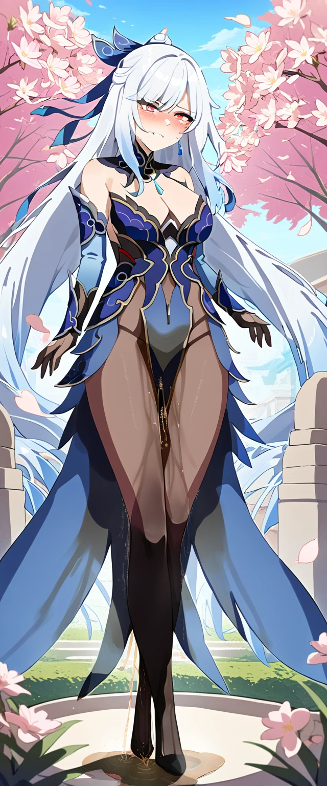 (masterpiece:1.37), best quality, (extremely detailed:1.37), (1girl:1.5), woman, (mature:1.5), (adult:1.5), jingliu, white hair, long hair, ponytail, hair ribbon, red eyes, earrings, jewelry, dress, pantyhose, (pelvic curtain:1.5), (extremely detailed eyes:1.37), (wetting self:2.0), desperation, (standing:1.5), embarrassed, humiliation, blushing, angry, cherry blossoms, garden, (golden hour:1.5), full body, (crossing legs:1.5)