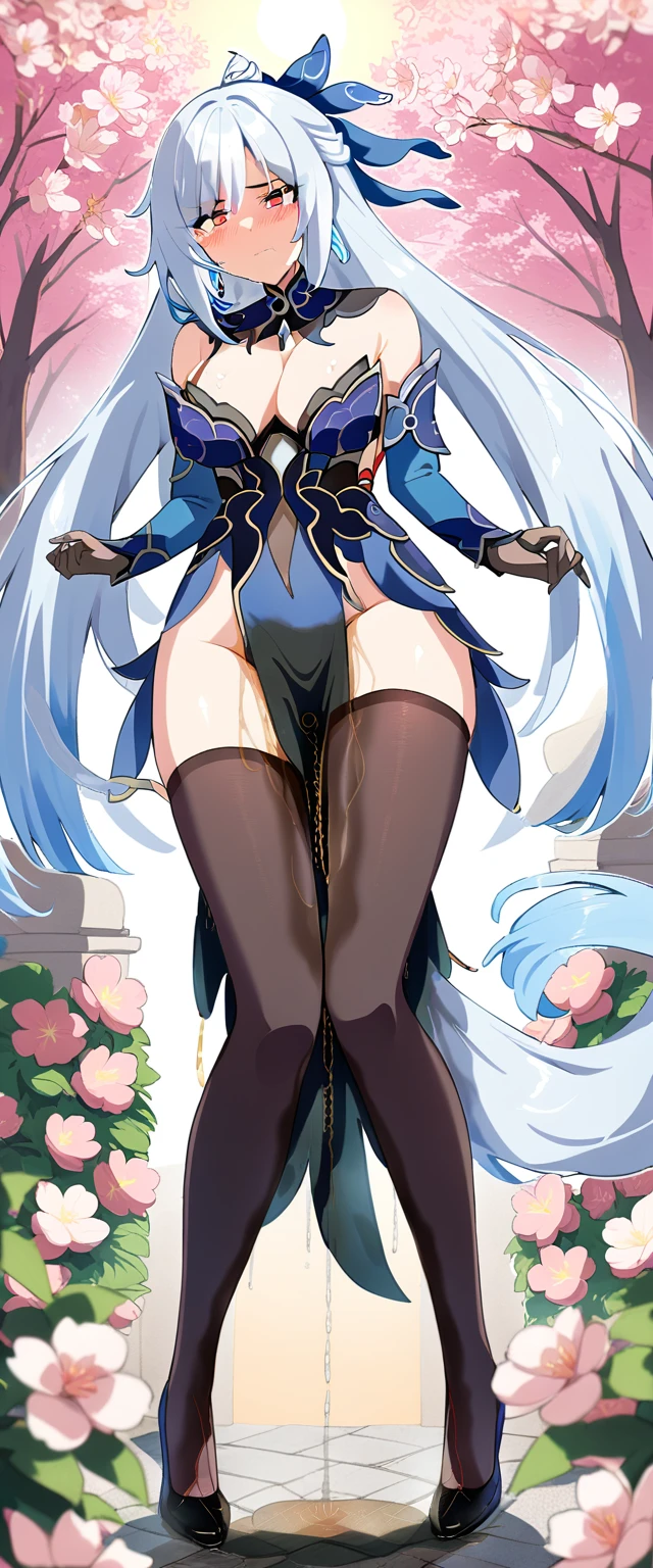 (masterpiece:1.37), best quality, (extremely detailed:1.37), (1girl:1.5), woman, (mature:1.5), (adult:1.5), jingliu, white hair, long hair, ponytail, hair ribbon, red eyes, earrings, jewelry, dress, pantyhose, (pelvic curtain:1.5), (extremely detailed eyes:1.37), (wetting self:2.0), desperation, (standing:1.5), embarrassed, humiliation, blushing, angry, cherry blossoms, garden, (golden hour:1.5), full body, (crossing legs:1.5)