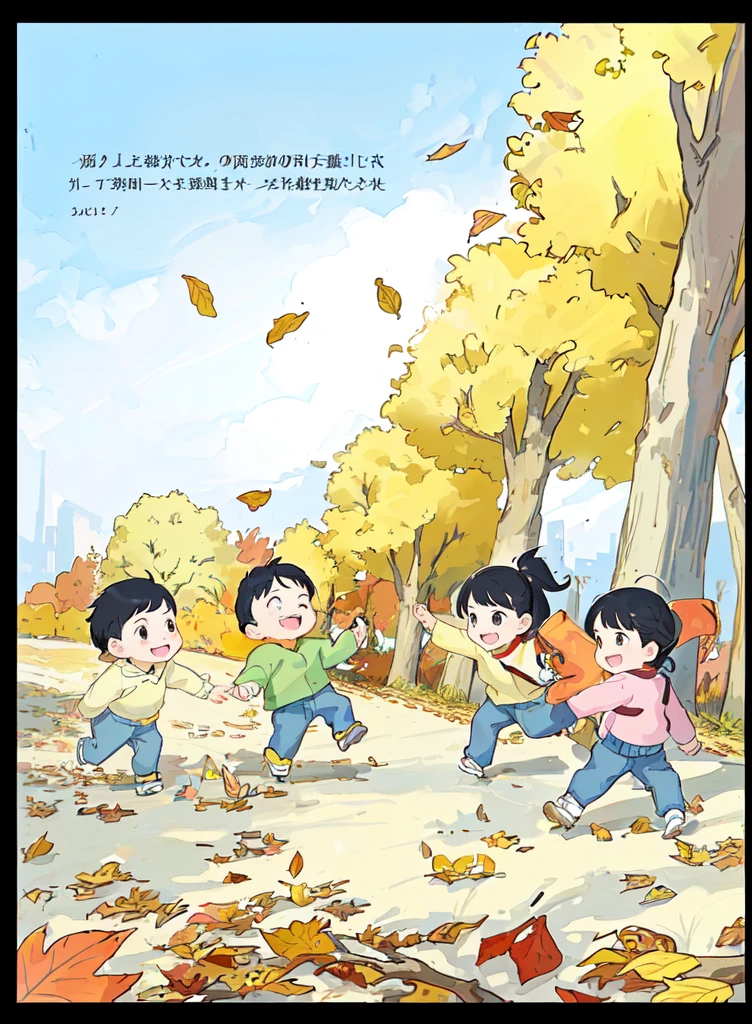 there are three children playing in the park in the fall, Wind blowing leaves, in autumn, children illustration, color page, children\Painting and calligraphy, The wind blows the fallen leaves, childrenbook illustration, in autumn, children book illustration, Children&#39;s Book Illustrations, children's illustration, children, Autumn leaves falling, colorful Children&#39;s Book Illustrations, , author：Yi Yinwen