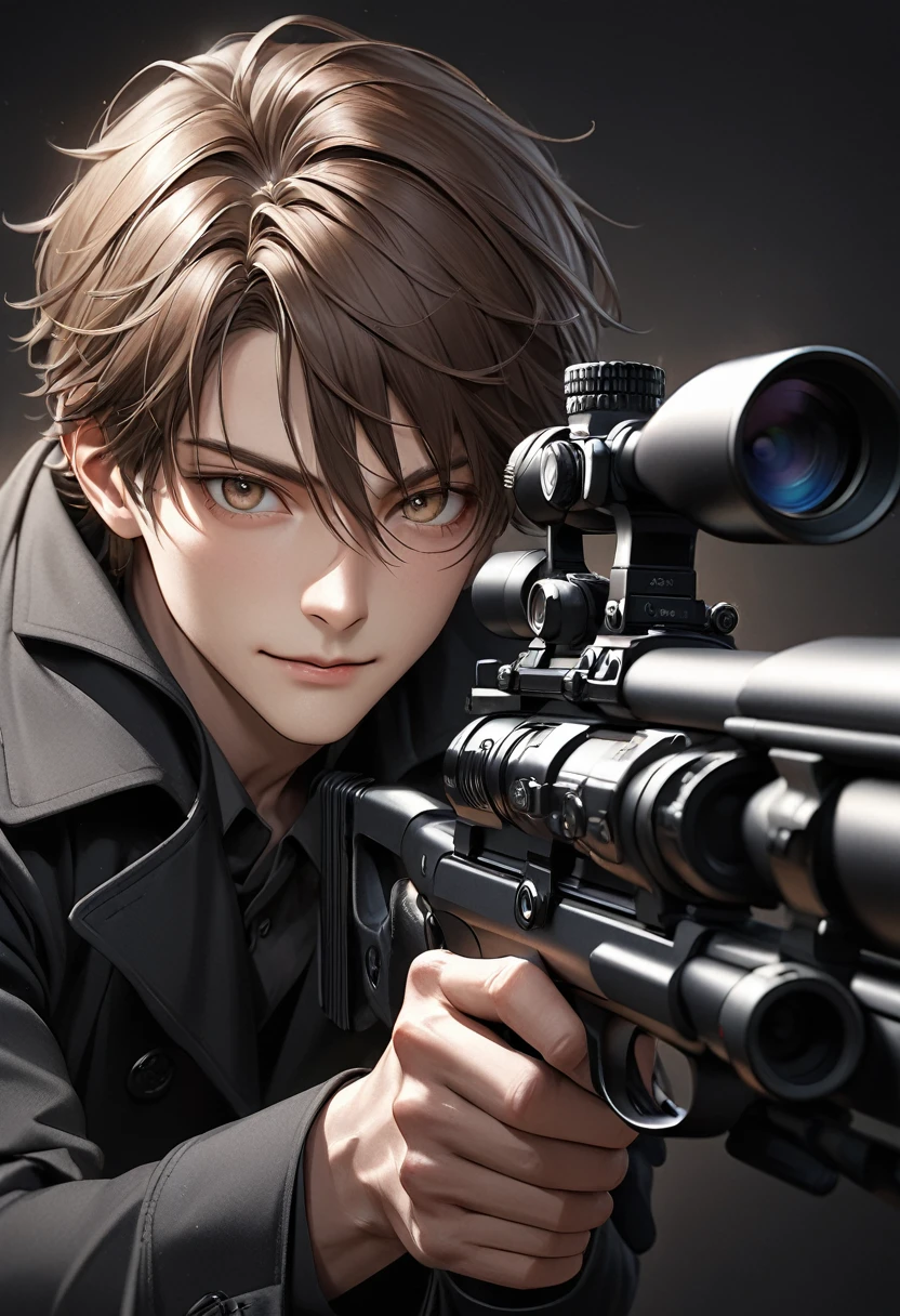 Handsome boy dynamic sniper, A brown-haired man in a black trench coat points a gun at the sniper at his prey ( perfect anatomy ) Dynamic pose detailed face. realistic eyes. The face and eyes are very detailed. delicate skin.、delicate skin texture smile,

                   Black trench coat dark shadow background, Black Soft Light, Professional photography master&#39;artwork, texture, complicated, Clear, High-quality masterpieces，

                        Extremely complicated and exquisitely detailed, Super detailed, Super detailed digital art 
