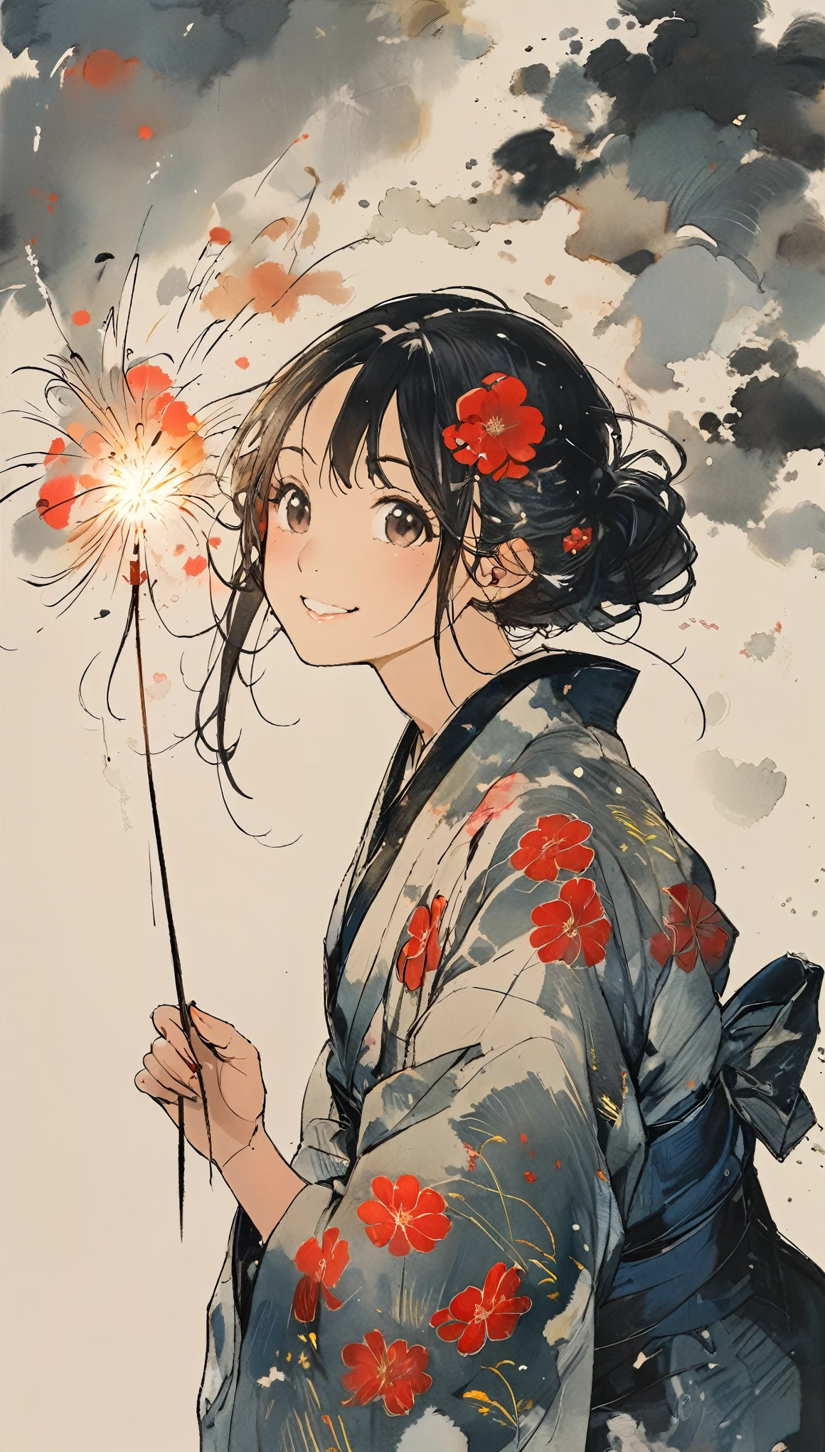 The Style of Kawanabe Kyosai、kimono、woman、Simple Background、holding a sparkler、smile、Black Hair、22 years old