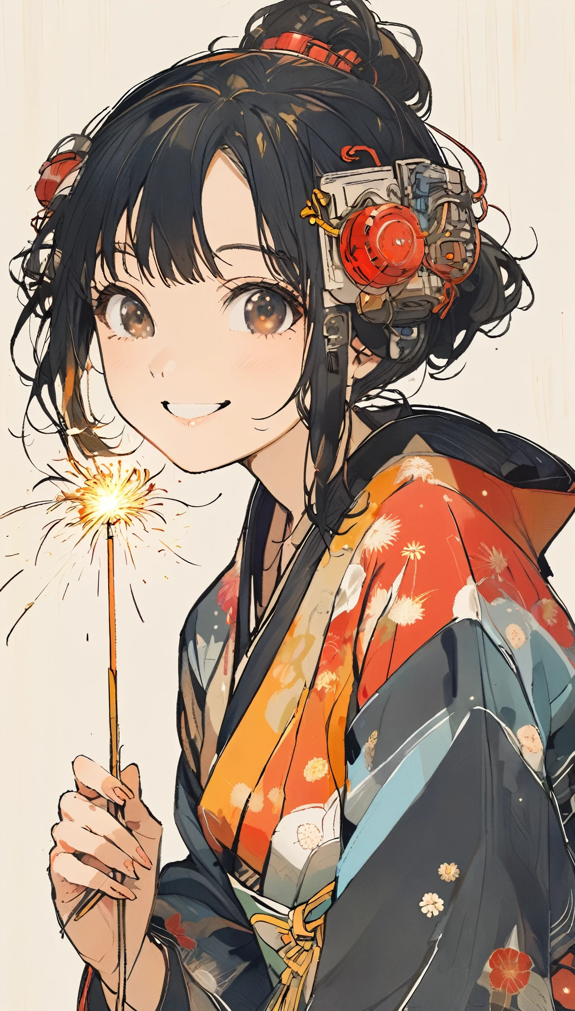 The Style of Kawanabe Kyosai、kimono、woman、Simple Background、holding a sparkler、smile、Black Hair、22 years old