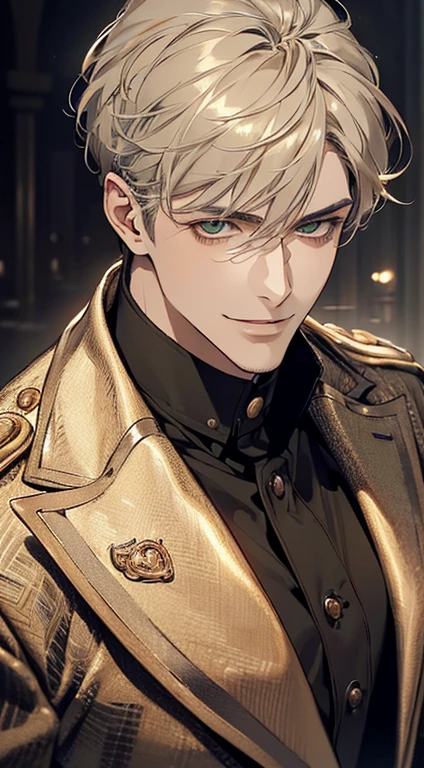 ((a mature man, very handsome, smile in love, short grey golden hair, green eyes, perfect face without errors)), ((buttoning the jacket, CEO)), (best quality, masterpiece, 8K, photorealistic, cinematic lighting, hdr image, ultra detailed, beautiful image), (portrait, detailed facial features, intricate textures, realistic skin tones, highly detailed, ultra-realistic), (warm lighting, soft shadows, dramatic lighting), (muted color palette, rich tones), (professional photography, high resolution, studio lighting)