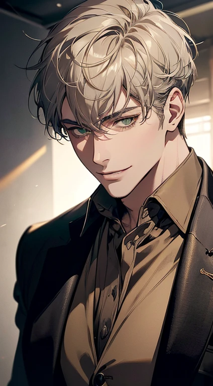 ((a mature man, very handsome, smile in love, short grey golden hair, green eyes, perfect face without errors)), ((buttoning the jacket, CEO)), (best quality, masterpiece, 8K, photorealistic, cinematic lighting, hdr image, ultra detailed, beautiful image), (portrait, detailed facial features, intricate textures, realistic skin tones, highly detailed, ultra-realistic), (warm lighting, soft shadows, dramatic lighting), (muted color palette, rich tones), (professional photography, high resolution, studio lighting)