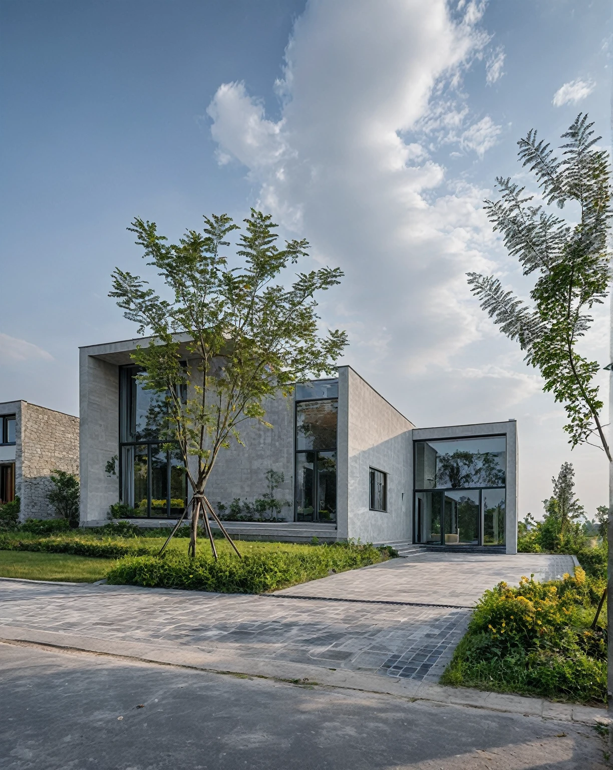 Photo brute, head of'artwork, High quality, best quality, authentique, great detail,
Outside, En plein air, Tuonghoagio, house, style moderne, on street, mur de fleurs de vent, glass windows, GRAY STONE wall, Portail en métal GRIS, garde-corps en métal, house style modern on street
road, pavement, grass, trees, sky, nuvens, day light