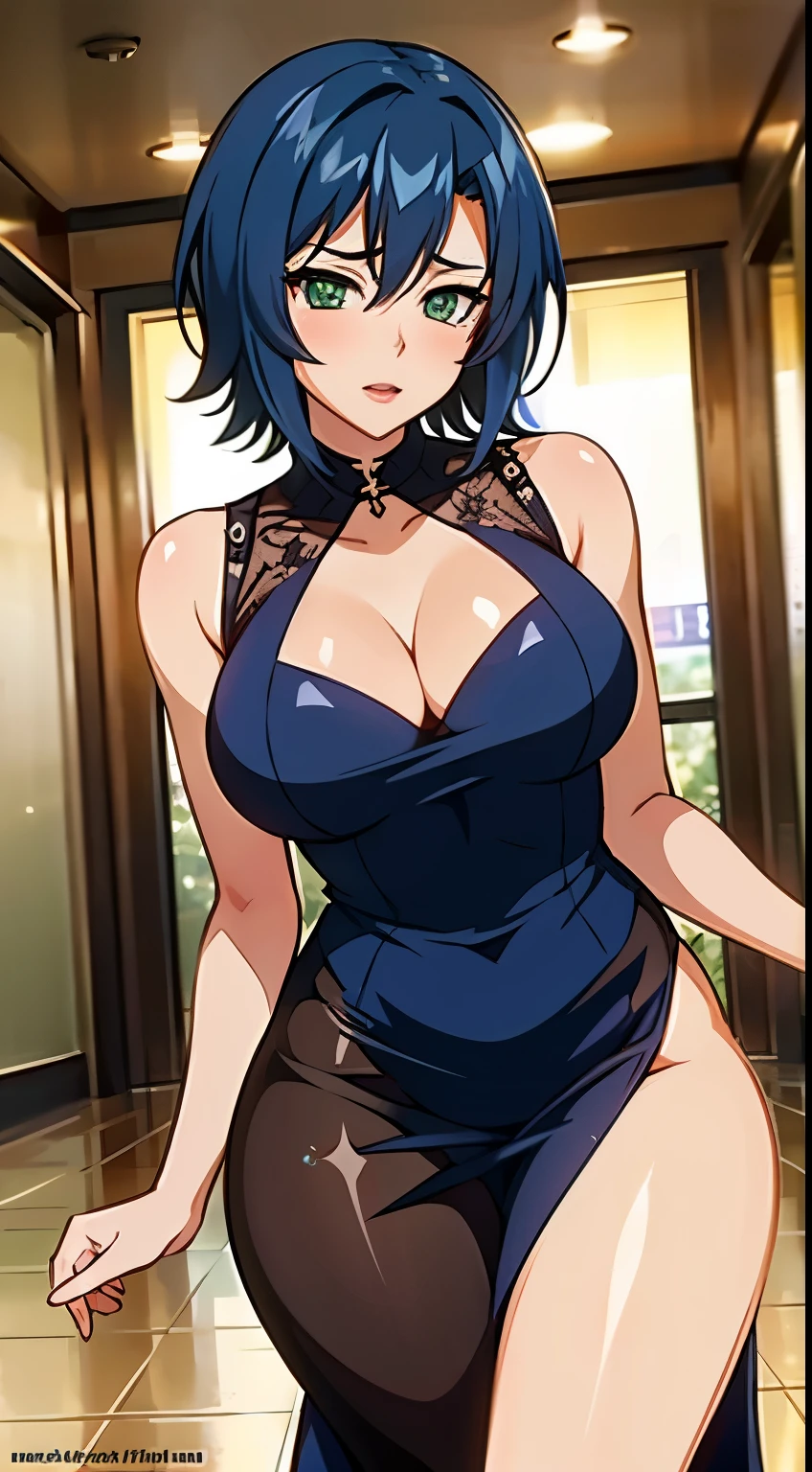 Stunning intricate full color portrait, kazama rinne,short hair,adult women, 20's style,natural lip,green eyes,blue hair,pupil of the eye,light in the eyes,sparkly dress, shiny dress, thighs, １with people,(beautiful_medium breasts:1.2), (beautiful_face:1.3),(beautiful_thighs:1.1),