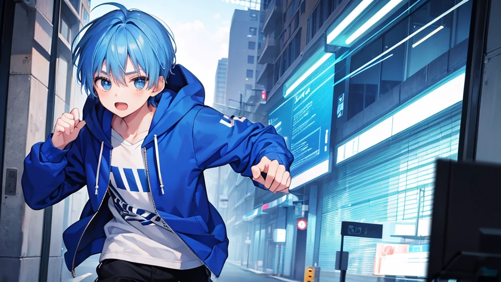1 boy, blue hair, wearing a blue hoodie, running scared, high quality, 8k