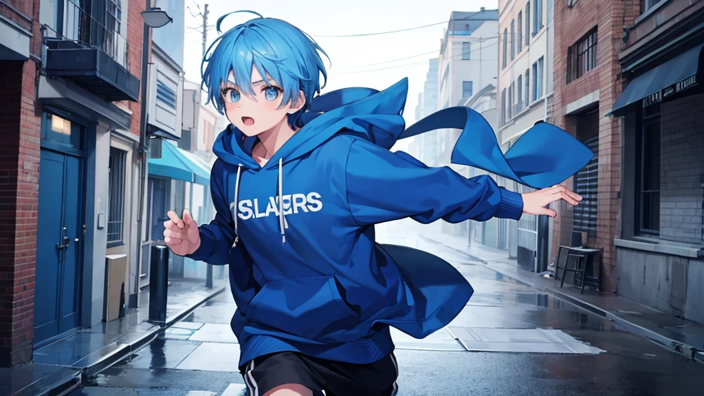 1 boy, blue hair, wearing a blue hoodie, running scared, high quality, 8k