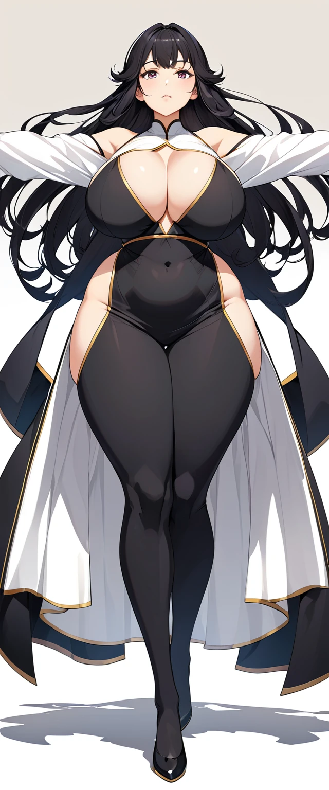 Create a very voluptuous anime-style woman looking straight ahead with her arms spread apart, showing her full body from head to toe and her arms not appearing cut off.