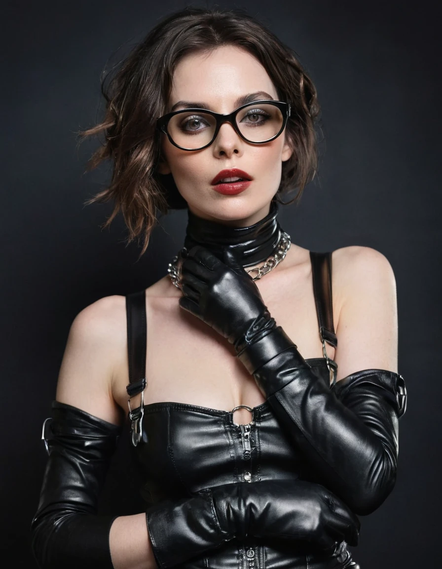 A polaroid shot of an intelligent 35-year-old dominant brunette with disheveled hair, a very thin face, pale white skin, very high cheekbones, large full lips, the largest lips, small glasses, deep mouth, dark plump glossy lips, very bright makeup. Very thin. Naked sexy model. in bdsm style. Wearing in leather gloves. A magnificent hairstyle. Shiny steel bracelets on top of black gloves. and Shiny steel bracelet necklaces are on her wrists. On her head, face and mouth, she has a leather harness. Leather garters on his feet. Full body. standing with both hands on hips for a photo shoot. A sexy pose.