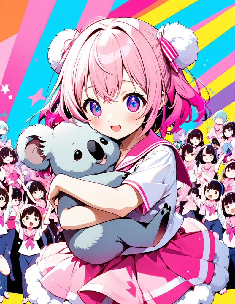 cute, Ultra-small deformation, High contrast fluffy characters, Girl hugging a koala, Vibrant colors, High contrast and vivid spray work, High contrast to emphasize soft images, Pop background in pastel colors, Characters that captivate the audience 推しの子、Hoshino Ai、Idol、dance、Sing with a microphone、Pink sailor suit、