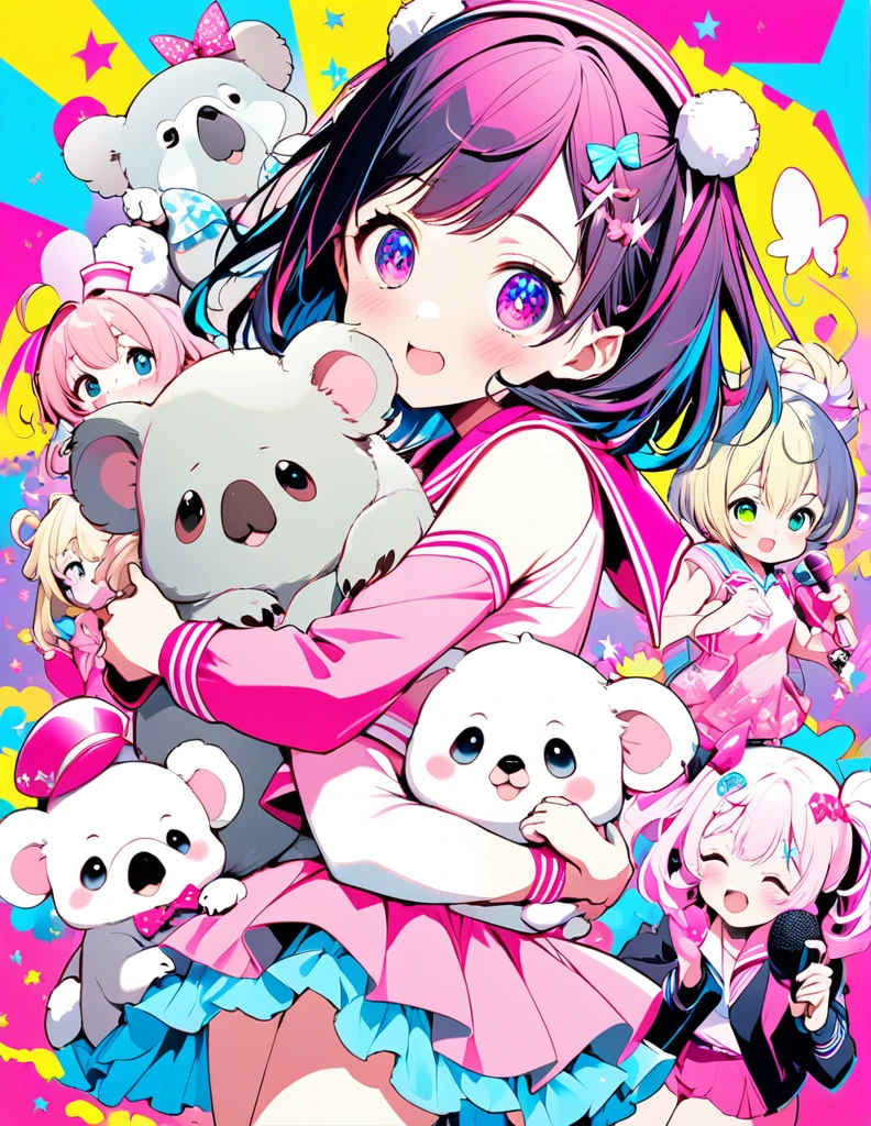 cute, Ultra-small deformation, High contrast fluffy characters, Girl hugging a koala, Vibrant colors, High contrast and vivid spray work, High contrast to emphasize soft images, Pop background in pastel colors, Characters that captivate the audience 推しの子、Hoshino Ai、Idol、dance、Sing with a microphone、Pink sailor suit、
