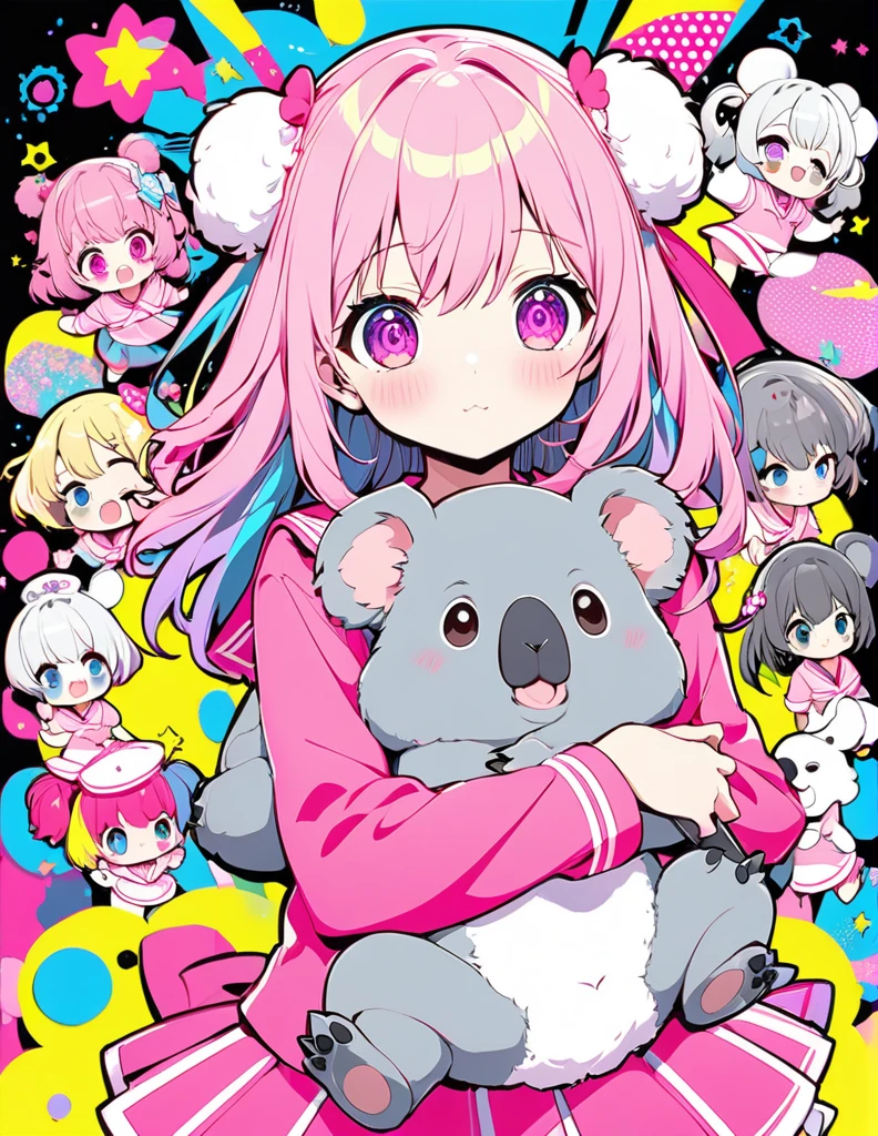 cute, Ultra-small deformation, High contrast fluffy characters, Girl hugging a koala, Vibrant colors, High contrast and vivid spray work, High contrast to emphasize soft images, Pop background in pastel colors, Characters that captivate the audience 推しの子、Hoshino Ai、Idol、dance、Sing with a microphone、Pink sailor suit、