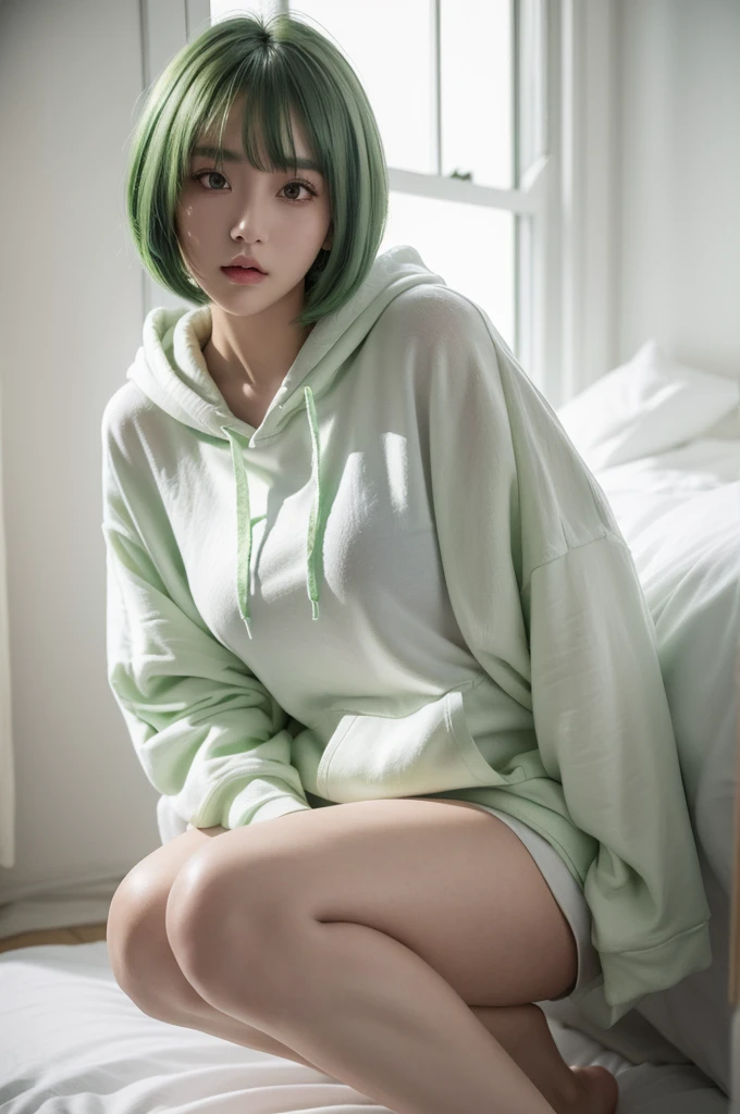 21yo girl, green hair, bob hair, bang hair, (wearing white oversize hoodie), natural medium breast, plump body,single sidelock hairpin blush, modern cinematic lighting, ray tracing, drop shadow wide shot UHD, textured skin, high details, best quality 4K, squat pose on the bed, setup face, sad.”