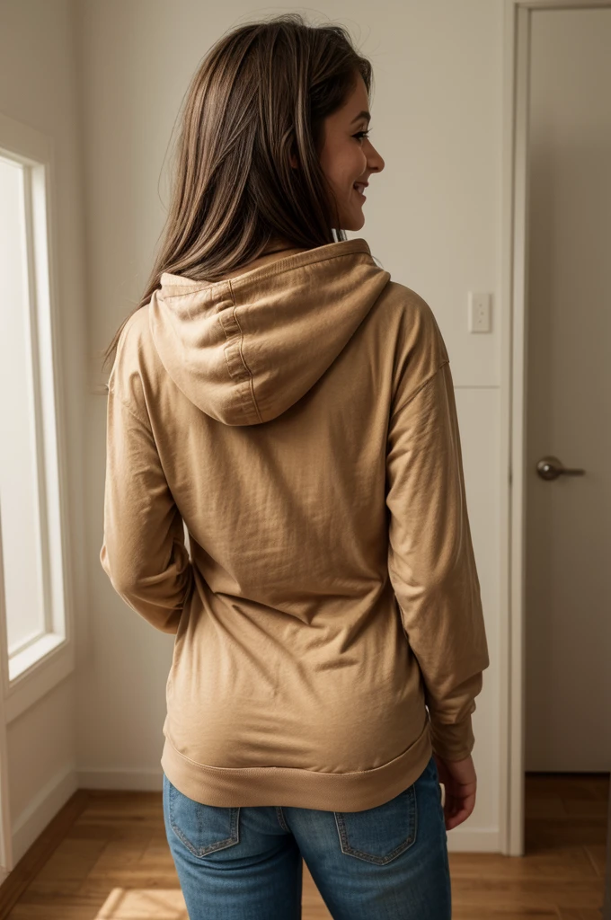photo of a beautiful girl of 18 years old, wearing only a casual short shirt with a hoodie and, brown long hair with light highlights, in a room, half naked, fit body, no pantys, view from back, medium upper body shot, looking at the camera, cute smile, shallow depth of field