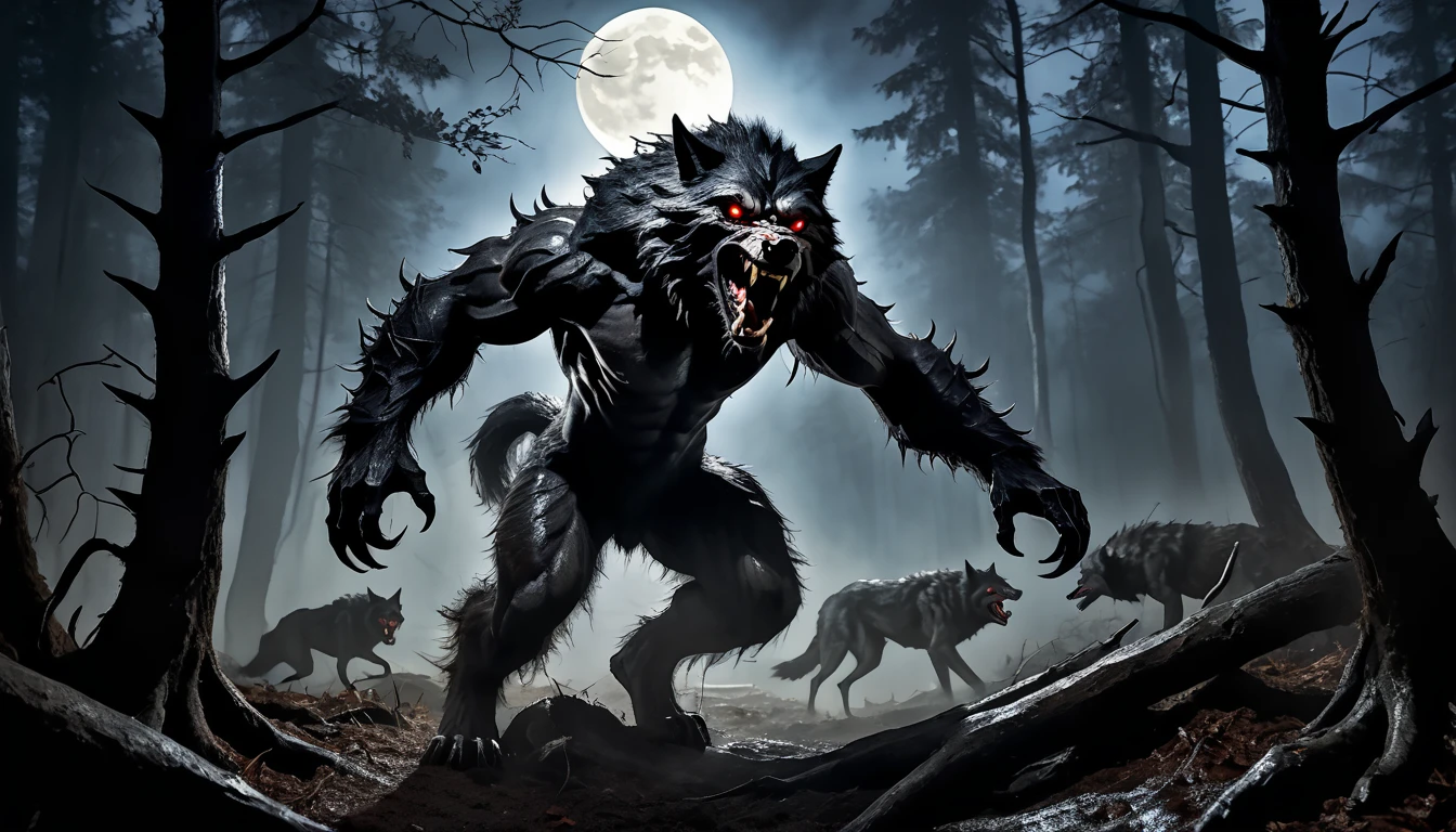 a sinister 3 meter werewolf bodybuilder hyperrealistic, ghastly horrifying creature. werewolf in a forest lit by the full moon, with glowing eyes and sharp teeth. The atmosphere must be tense and ominous, with deep shadows among the trees.", leading a dark wolf attack group, with shattered limbs, dirty, dark, fog, mist, high angle view, dark war battlefield, dark, dirty lighting, dirty brown color, rough fur, bristly thorns, lead, flames The images were formed in a way that exudes fear among all who witness their presence, in the style of horror.