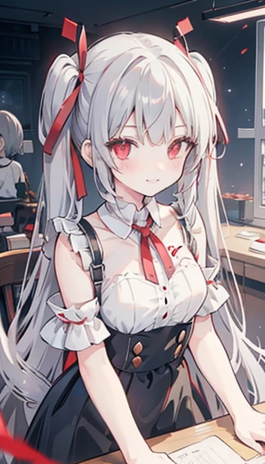 One girl, Red eyes, Twin tails, Grin, Small breasts, Gray Hair, Red ribbon, Parker Game Room