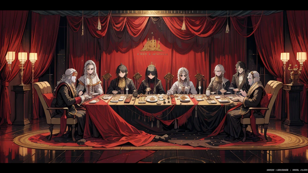 a dinner of 7 kings, in a night where the amphitheater of the feast will die, (high resolution, high detail, best quality)