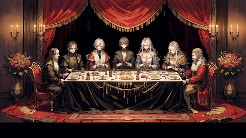 a dinner of 7 kings, in a night where the amphitheater of the feast will die, (high resolution, high detail, best quality)