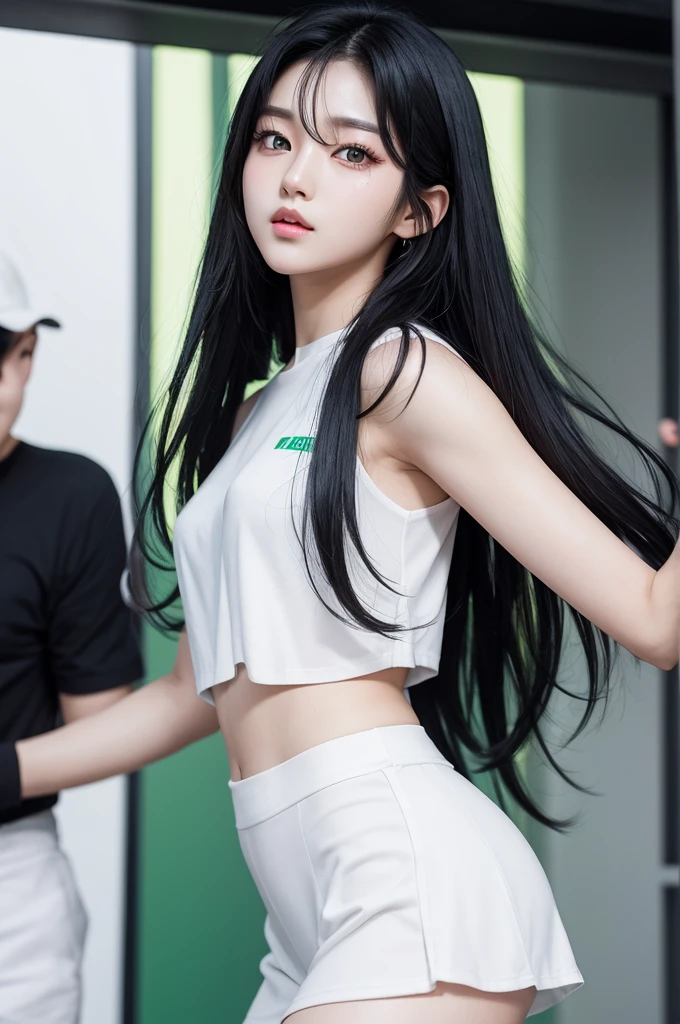 A Korean K-pop idol who has black hair and white skin and is vocal has light green eyes 