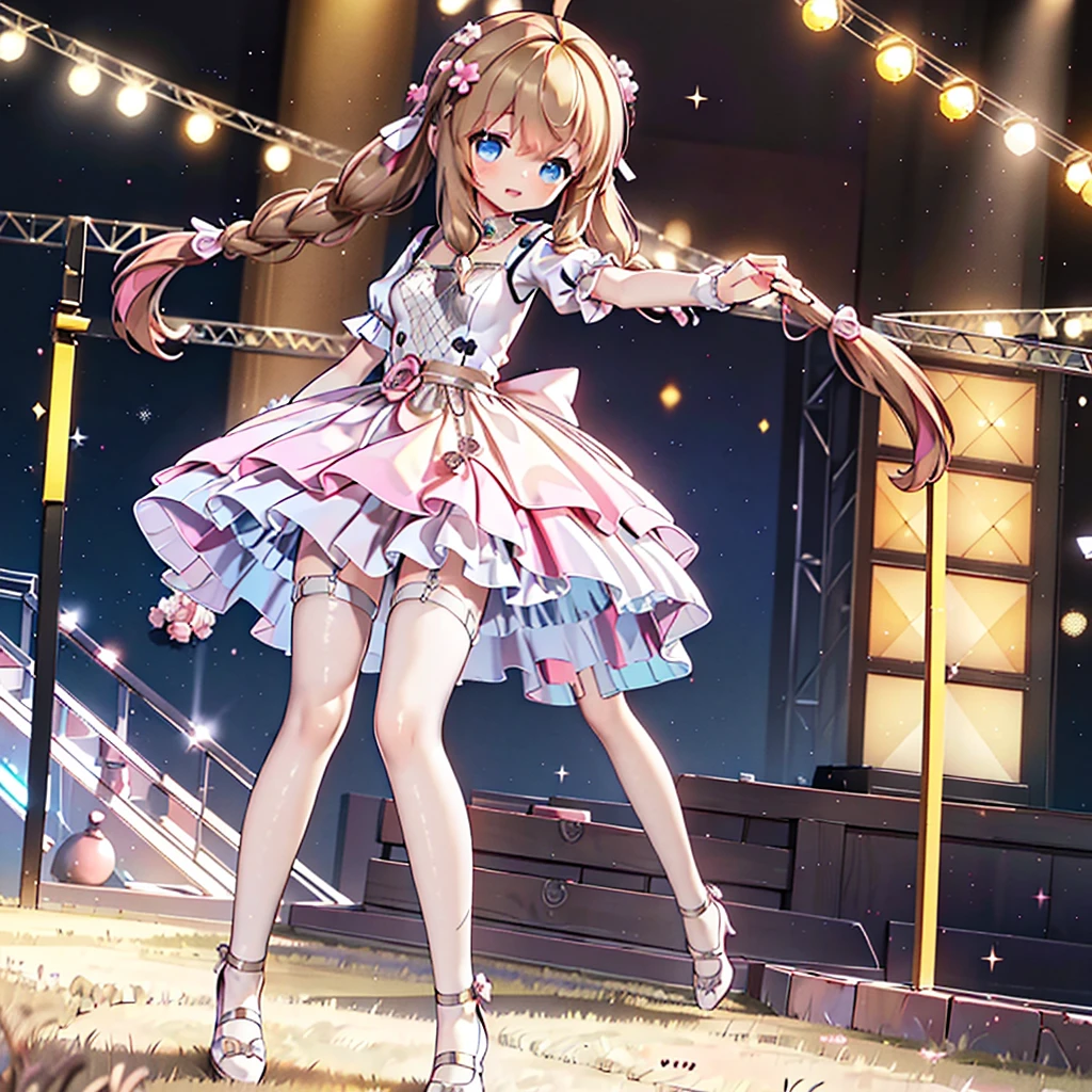 Solo girl, comical, kawaii, Blue eyes, light brown hair, back high twintails, front braids, yellow princess dress, yellow dress, open mouth smile, front view, standing at the stage, standard stand, neon and led lights, posing, sexy, high-resolution image, masterpiece, high quality, attractive eyes, perfect leg, two legs