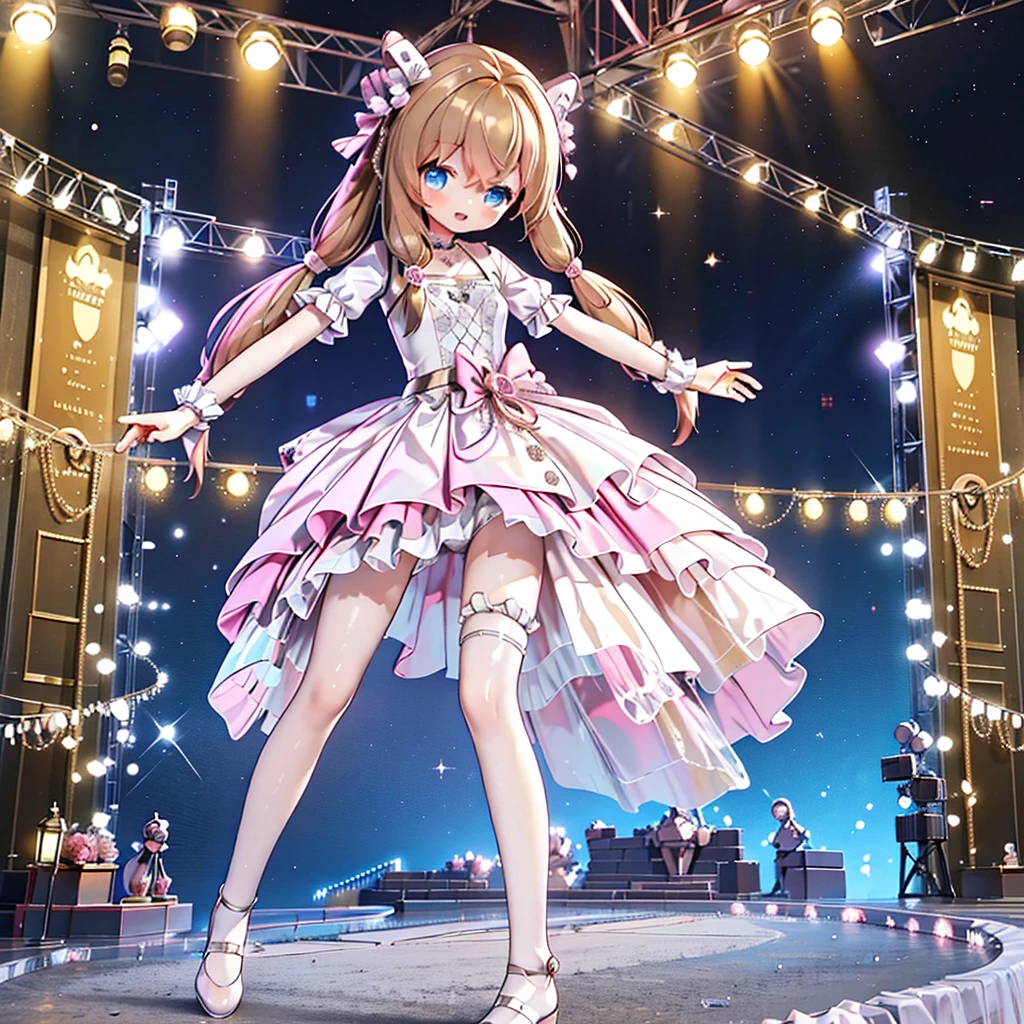 Solo girl, comical, kawaii, Blue eyes, light brown hair, back high twintails, front braids, yellow princess dress, yellow dress, open mouth smile, front view, standing at the stage, standard stand, neon and led lights, posing, sexy, high-resolution image, masterpiece, high quality, attractive eyes, perfect leg, two legs