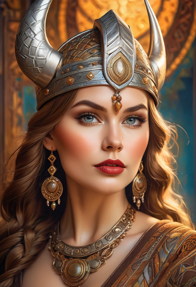 a beautiful busty viking woman, intricate art deco style portrait, highly detailed face, intense eyes, full lush lips, detailed skin texture, elegant headdress, ornate jewelry, dramatic lighting, warm color palette, oil painting, photorealistic, 8k, high quality, masterpiece
