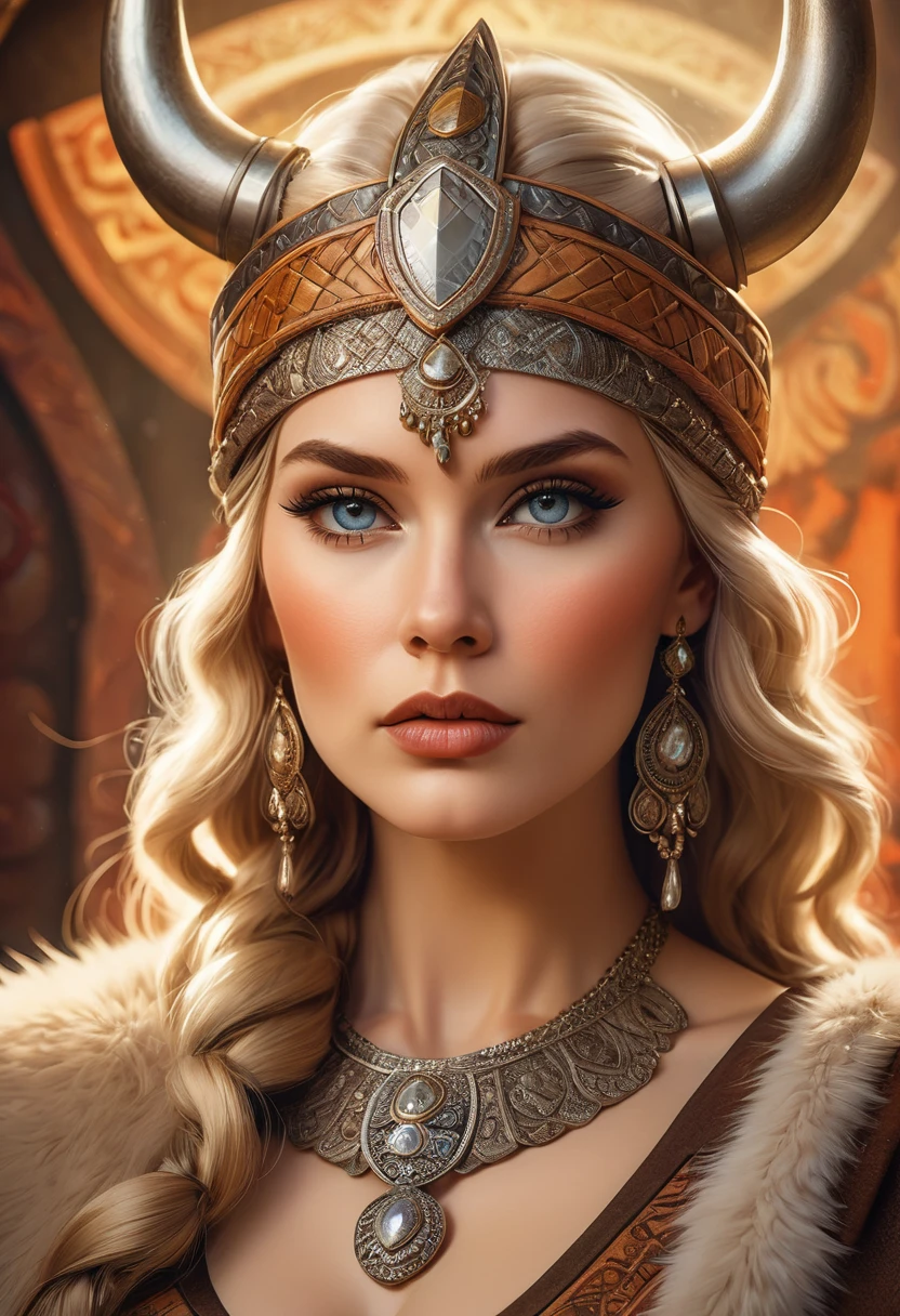 a beautiful busty viking woman, intricate art deco style portrait, highly detailed face, intense eyes, full lush lips, detailed skin texture, elegant headdress, ornate jewelry, dramatic lighting, warm color palette, oil painting, photorealistic, 8k, high quality, masterpiece